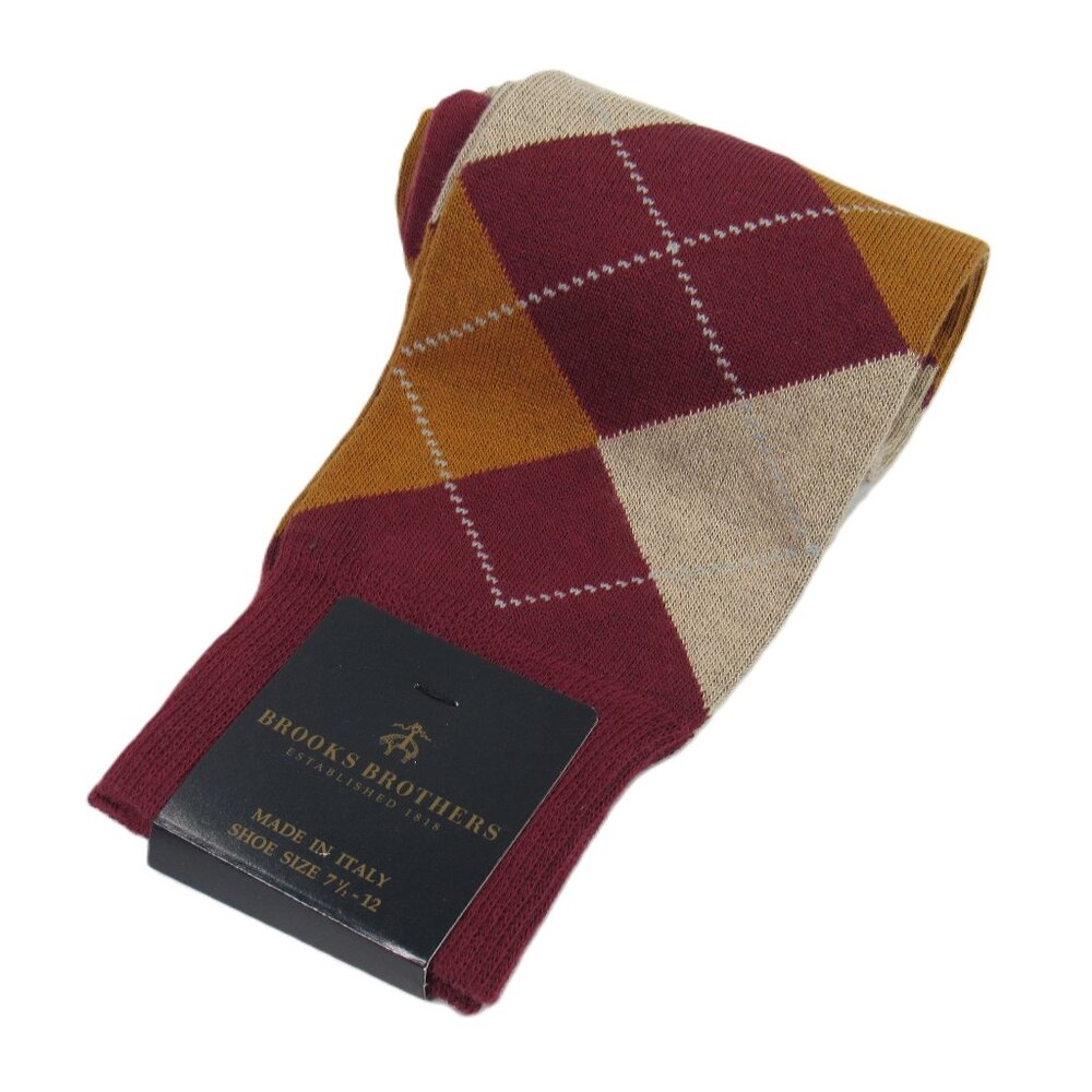 Brooks Brothers Men's Full Argyle Dress Socks Burgundy/Tan Made in Italy OS
